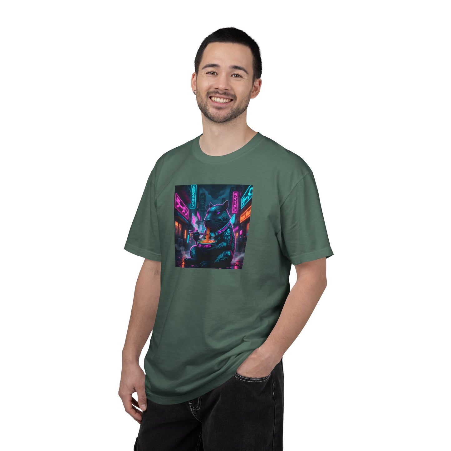 Neon Cyberpunk Capybara Cityscape T-Shirt | Futuristic Night Street Art