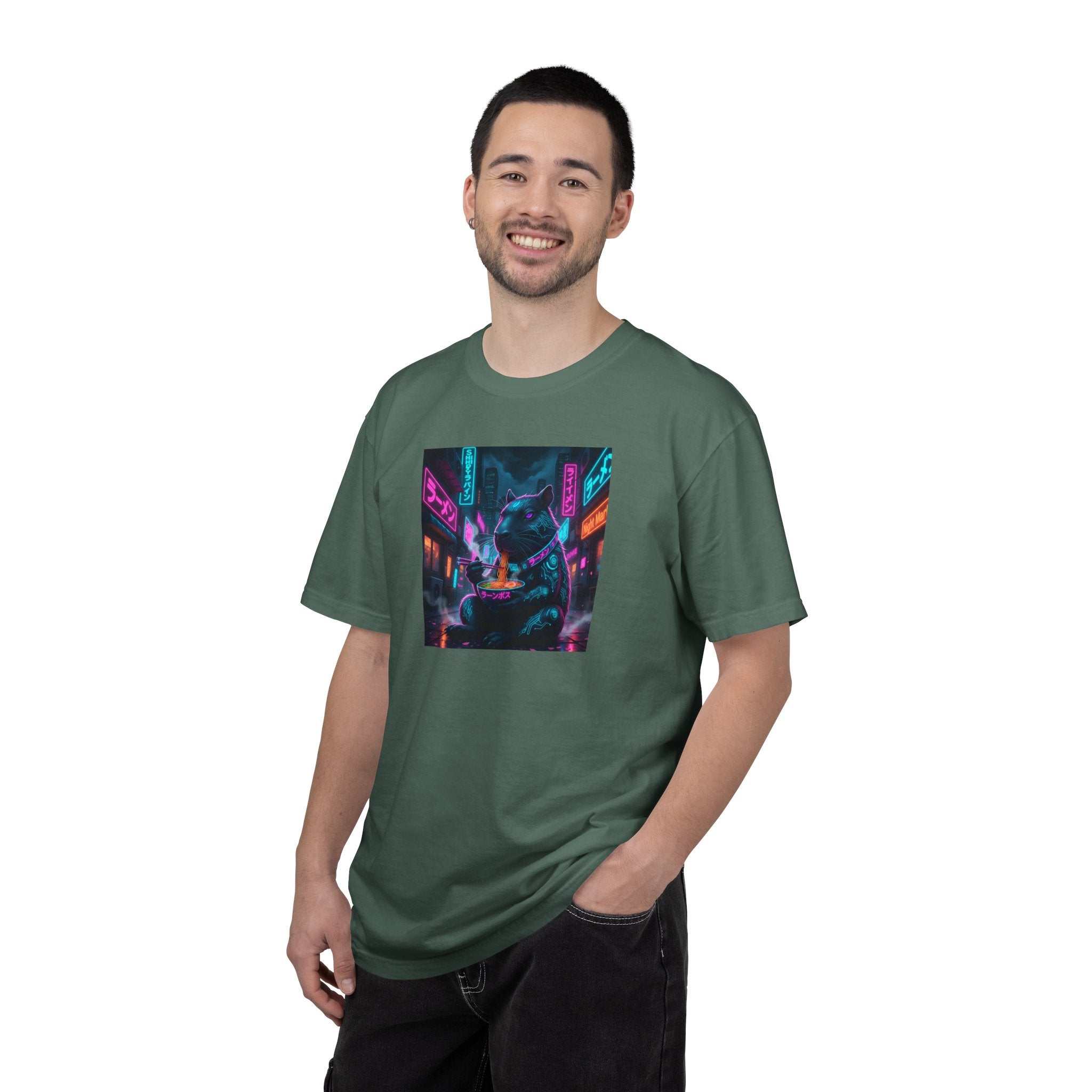 Neon Cyberpunk Capybara Cityscape T-Shirt | Futuristic Night Street Art