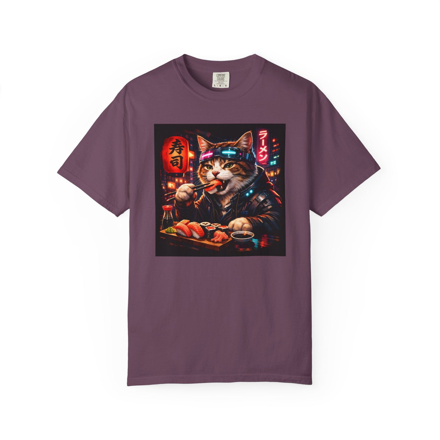 Sushi-Eating Cat T-Shirt | Neon Japanese Street Food Art