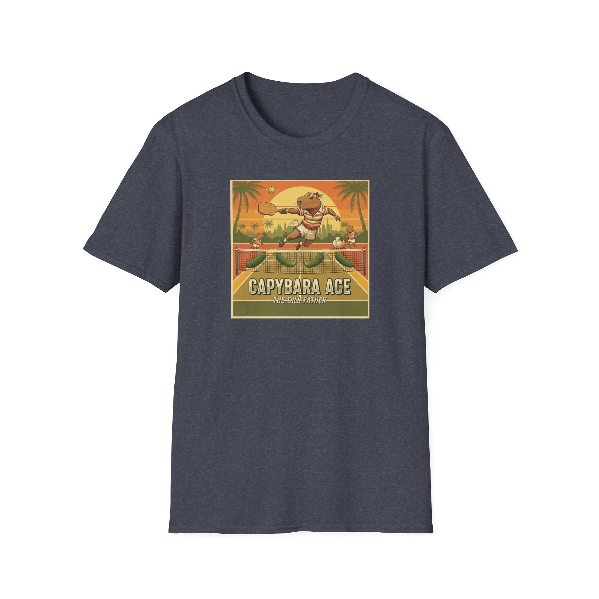 Capybara Ace Pickleball Player T-Shirt | Retro Tropical Court Design