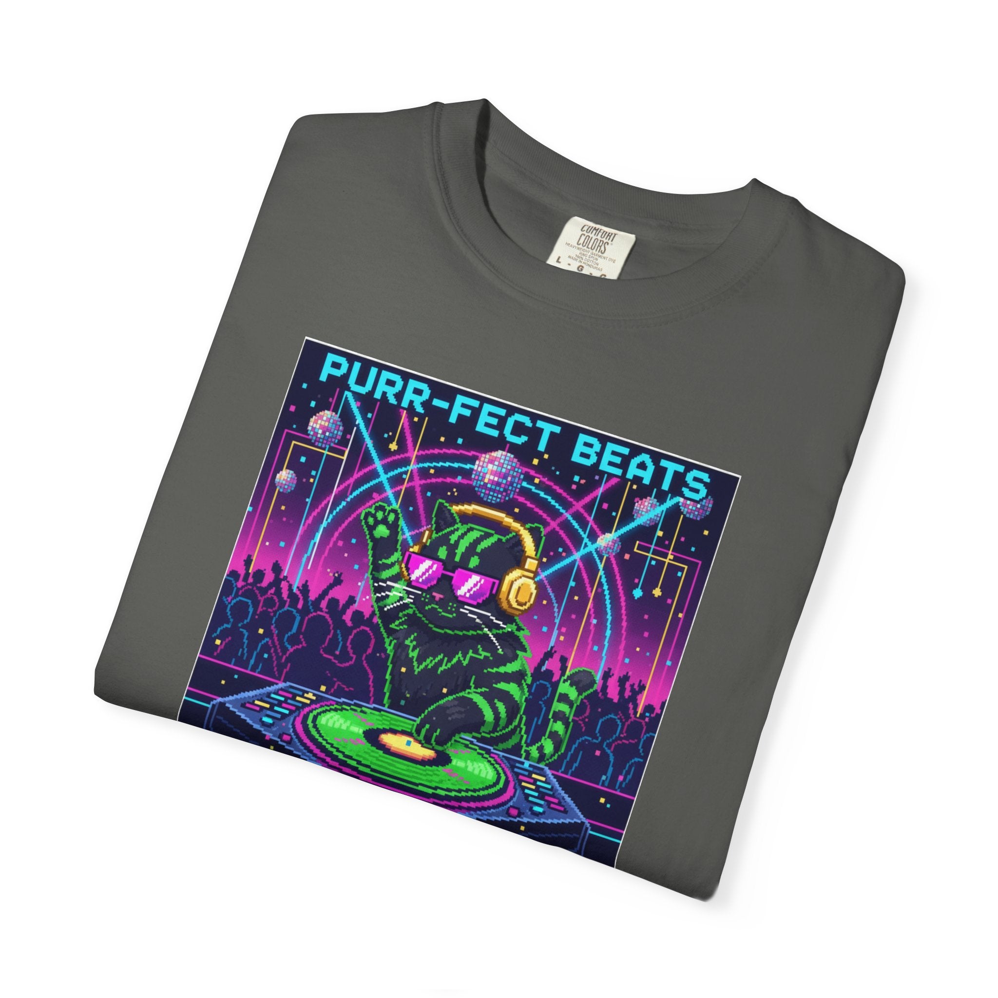 Purr-fect Beats Rave Feline DJ cat T-shirt | Neon EDM club design