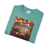 Whiskers and the Wondrous Noodles Cat Bar Ramen Scene T-shirt | Cozy Pub Cat Illustration