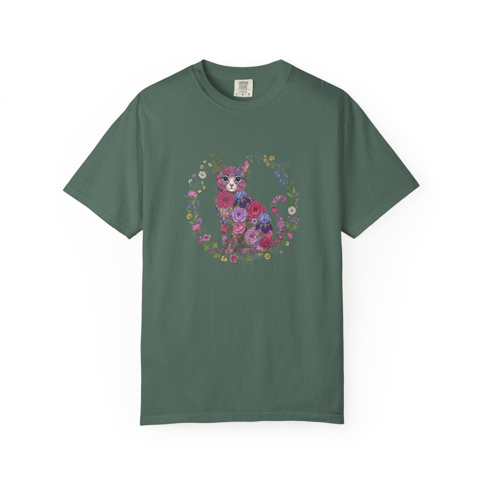 Floral Cat Illustration T-shirt | Botanical Kitty Circle Print