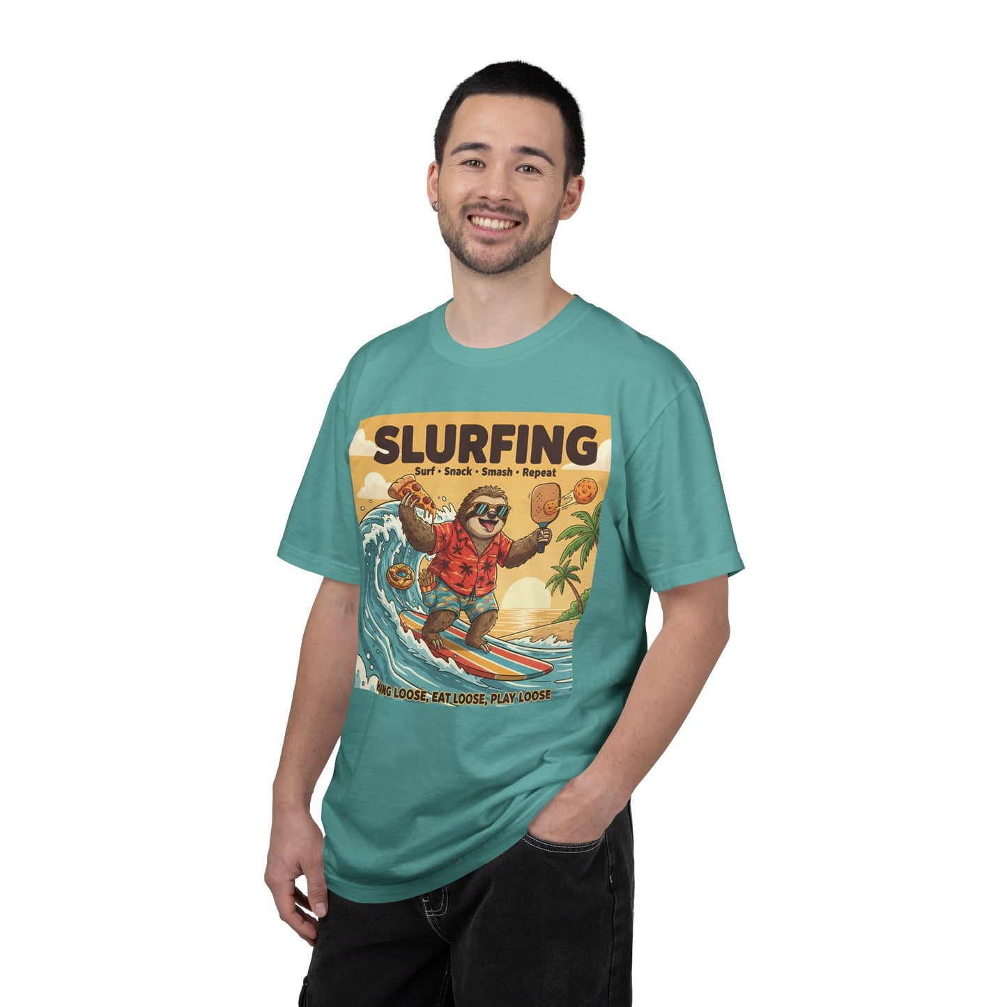 Slurfing Surfing Sloth T-Shirt | Retro Beach Wave Illustration