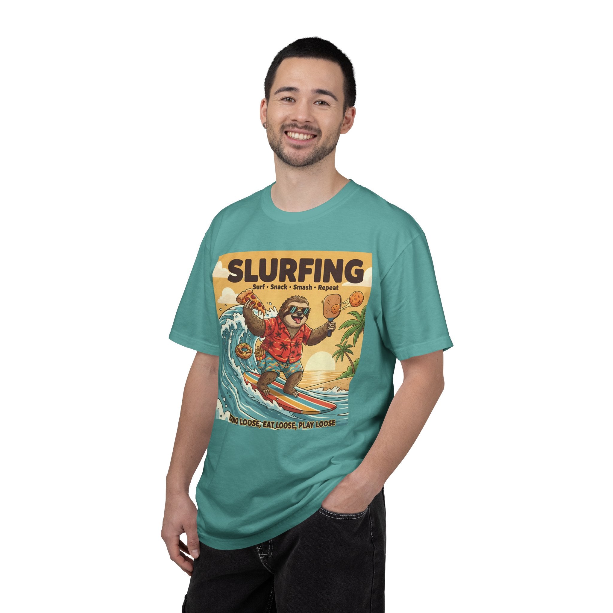 Slurfing Surfing Sloth T-Shirt | Retro Beach Wave Illustration