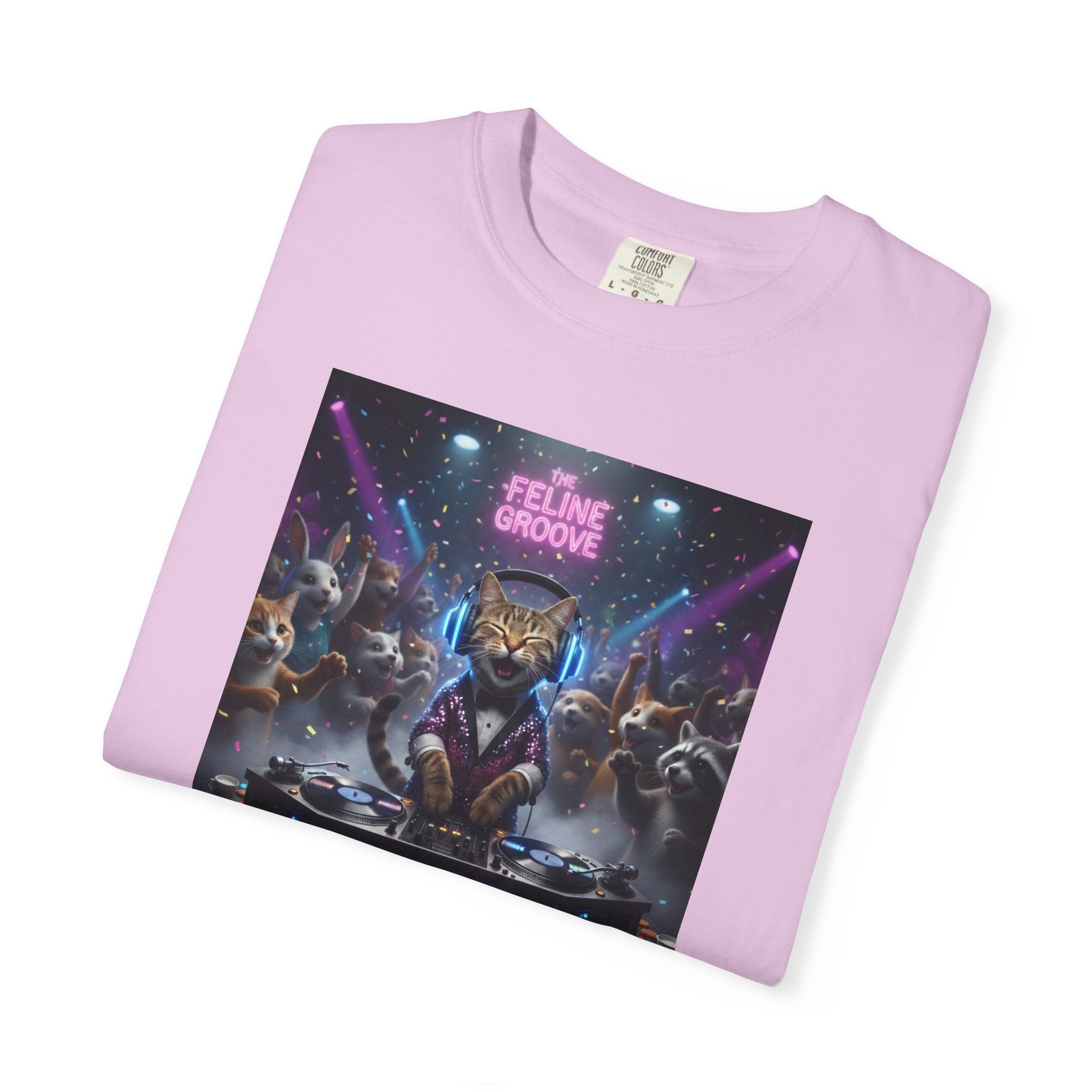 Feline Groove DJ Cat Illustration T-Shirt | Retro Neon Club Scene
