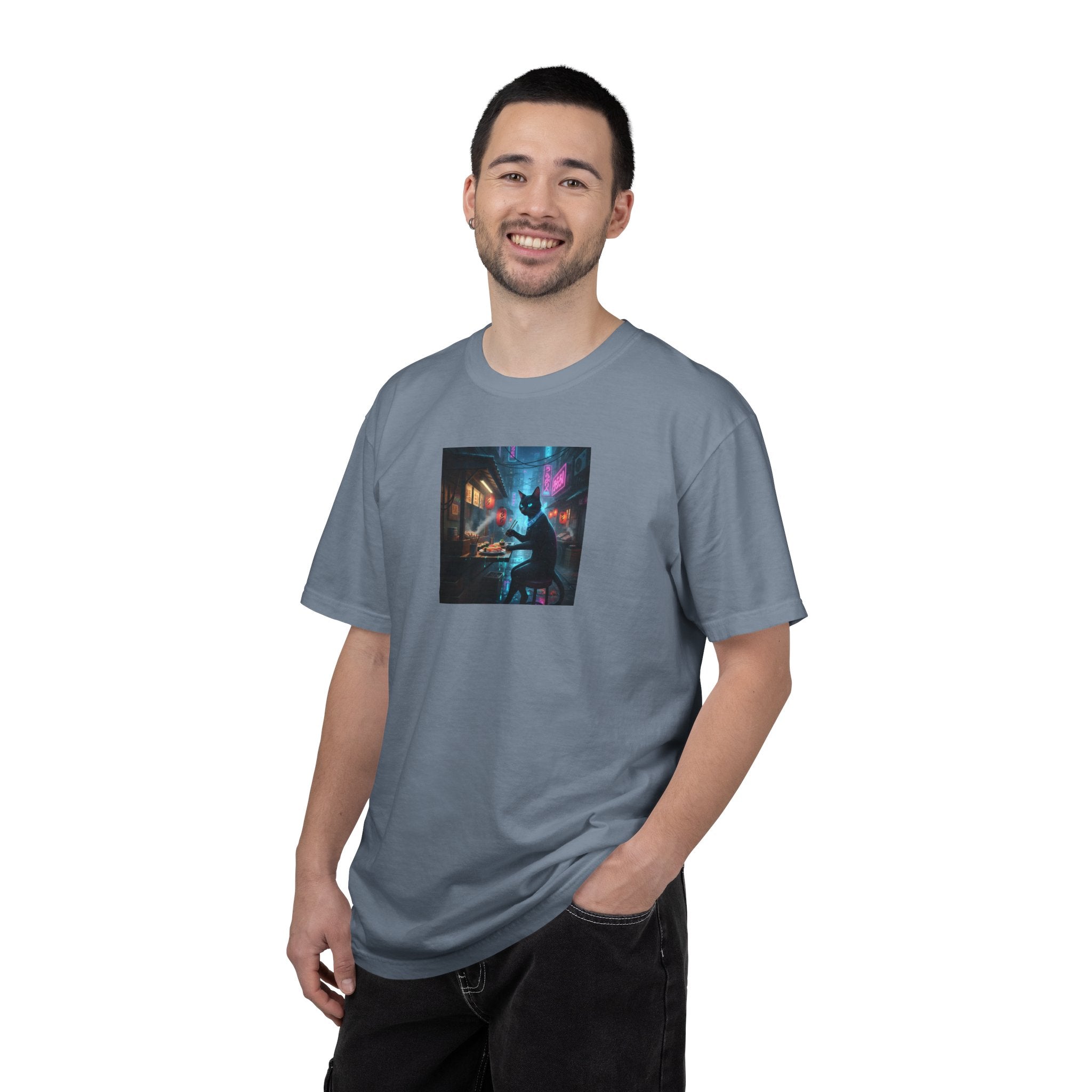Cyberpunk Cat Sushi T-shirt | Neon Japan Noir