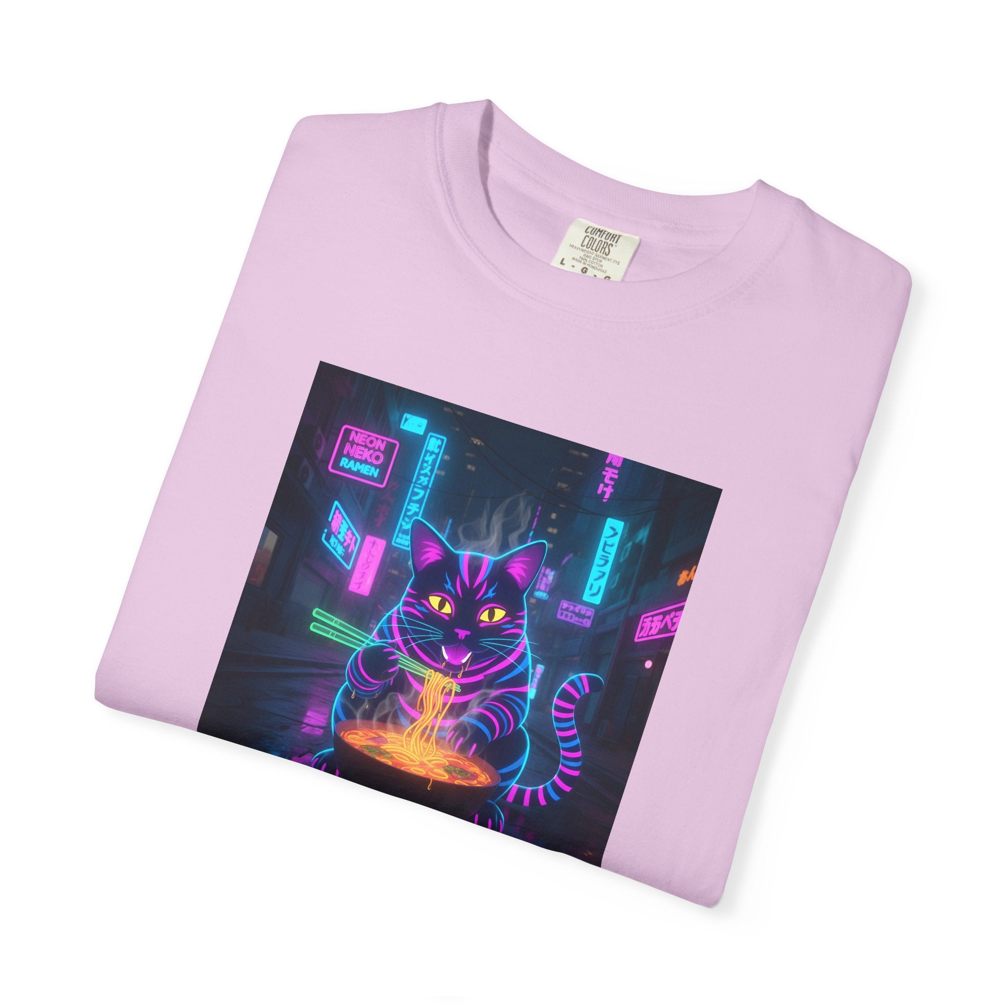 Neon Cyberpunk Cat Mystic Bowl T-shirt | Retro Futuristic Alley Art