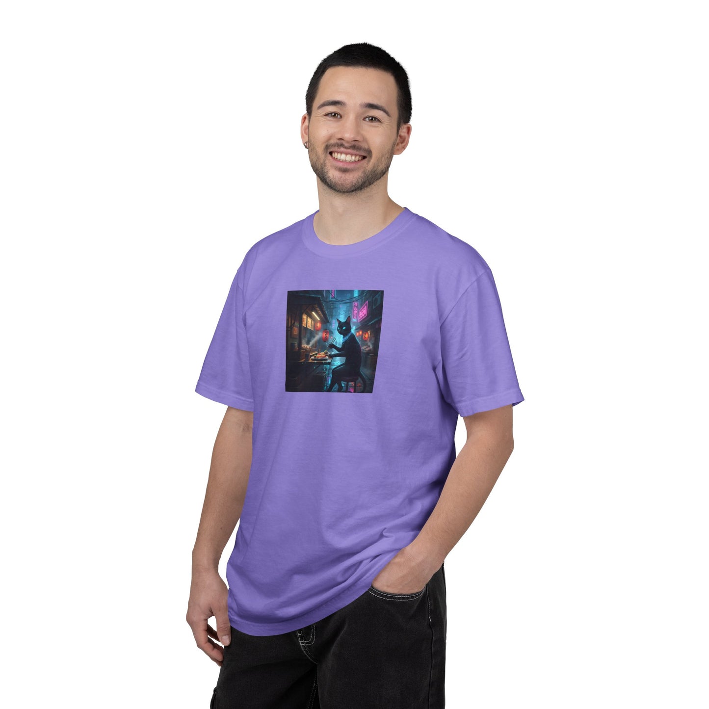 Cyberpunk Cat Sushi T-shirt | Neon Japan Noir