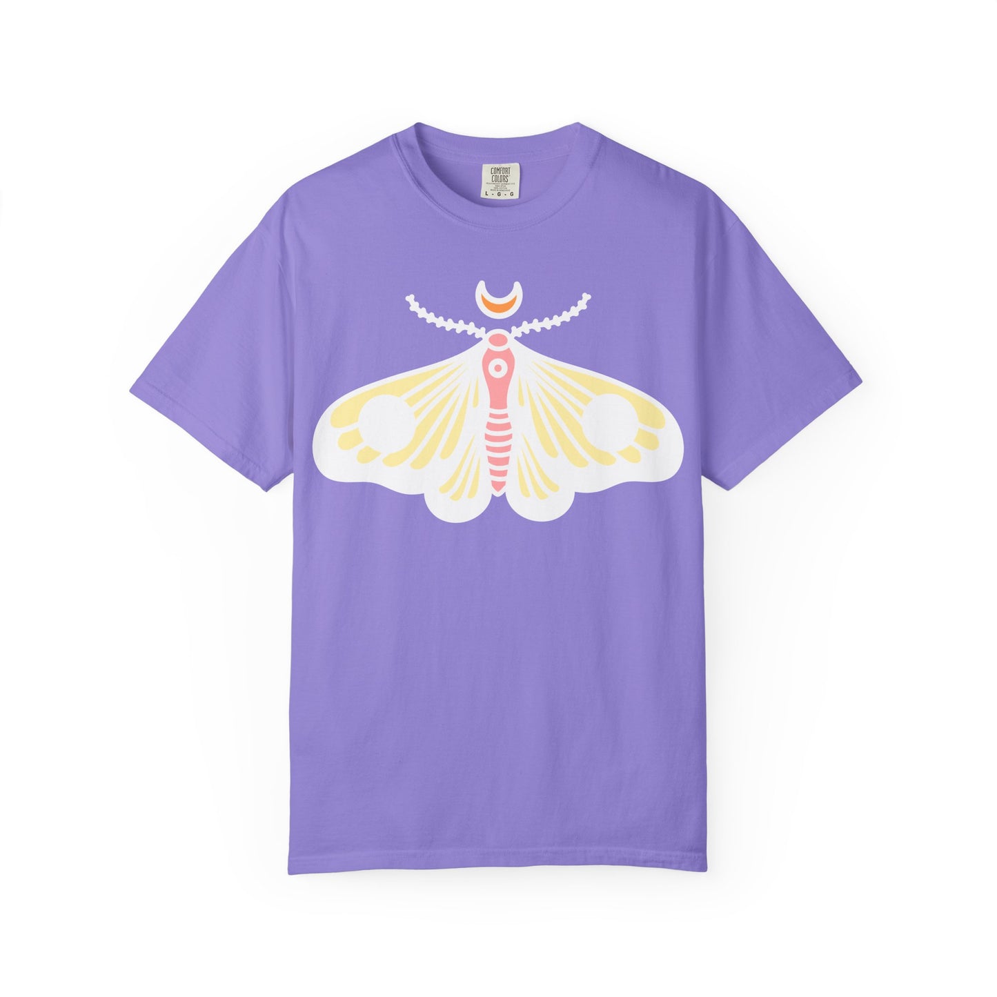 Celestial Moth T-shirt | Pink Yellow Moth with Crescent Moon
