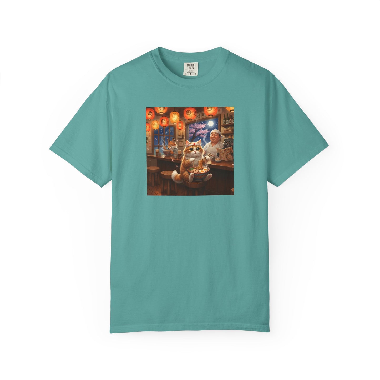 Whiskers and the Wondrous Noodles Cat Bar Ramen Scene T-shirt | Cozy Pub Cat Illustration