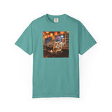 Whiskers and the Wondrous Noodles Cat Bar Ramen Scene T-shirt | Cozy Pub Cat Illustration