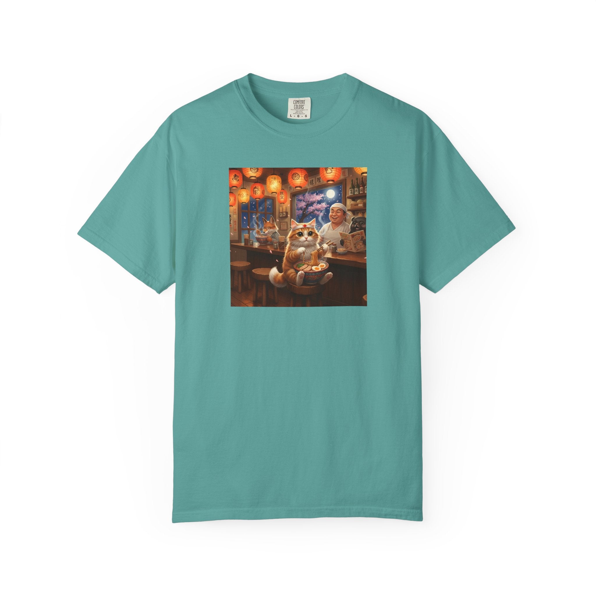 Whiskers and the Wondrous Noodles Cat Bar Ramen Scene T-shirt | Cozy Pub Cat Illustration