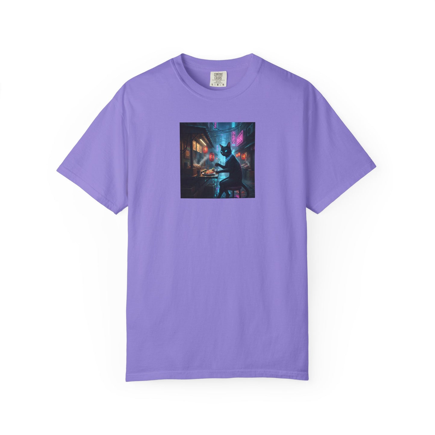 Cyberpunk Cat Sushi T-shirt | Neon Japan Noir