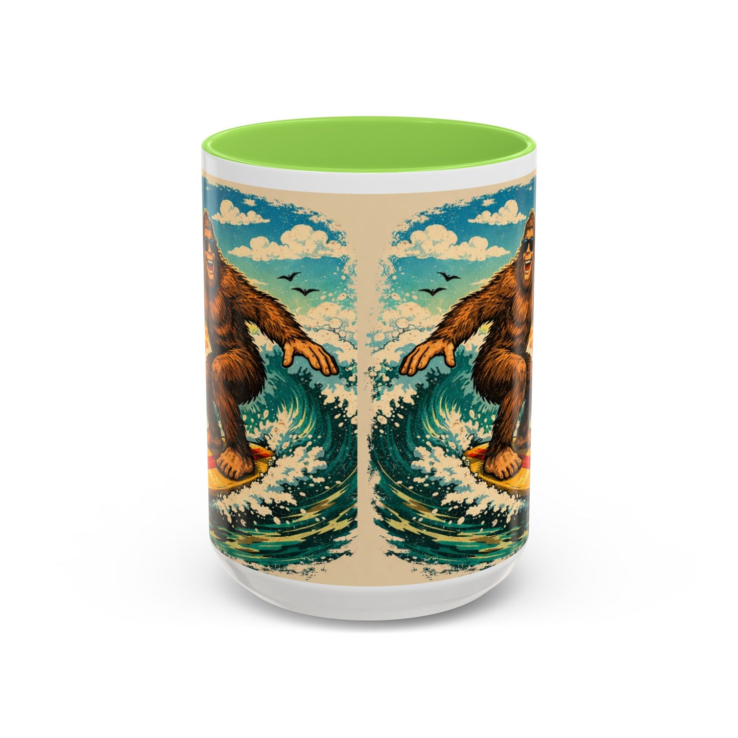 Surfing Bigfoot Mug | Retro Beach Sunset Bigfoot Wave Coffee Cup