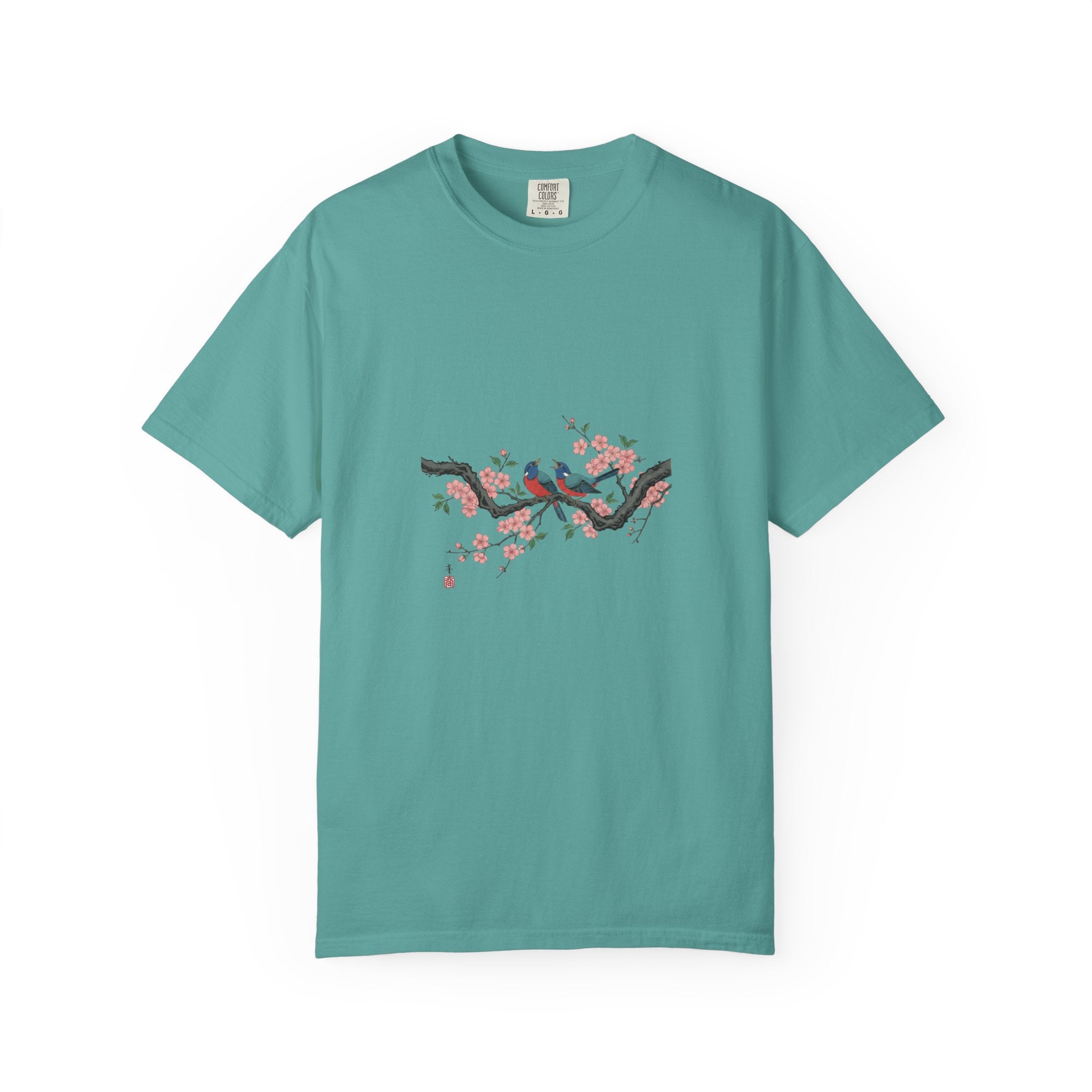 Birds on Cherry Blossom Branch T-Shirt | Japanese Floral Illustration