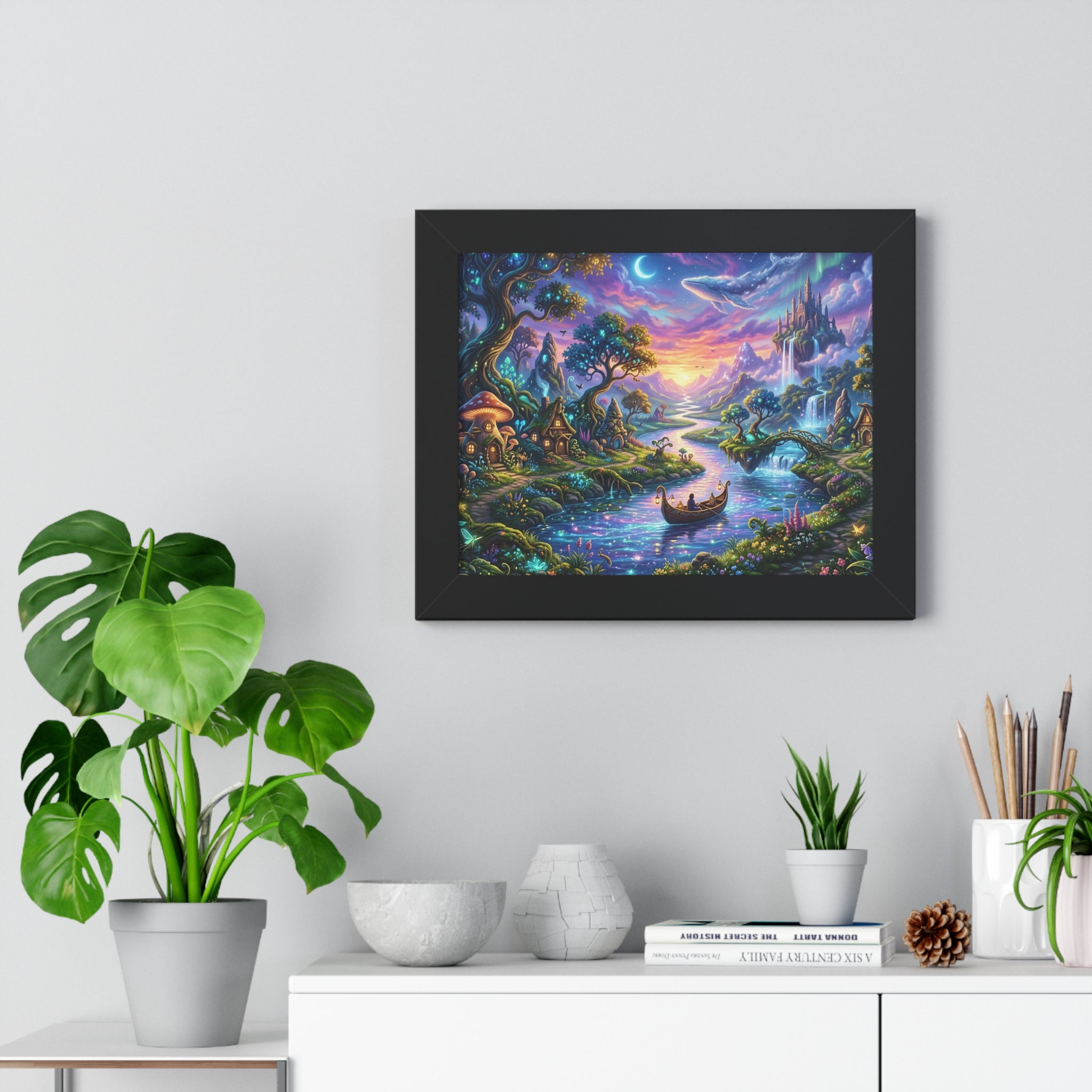 Celestial River Journey Digital Art Print - Whimsical Fantasy Landscape with Floating Castle, Glowing Forest