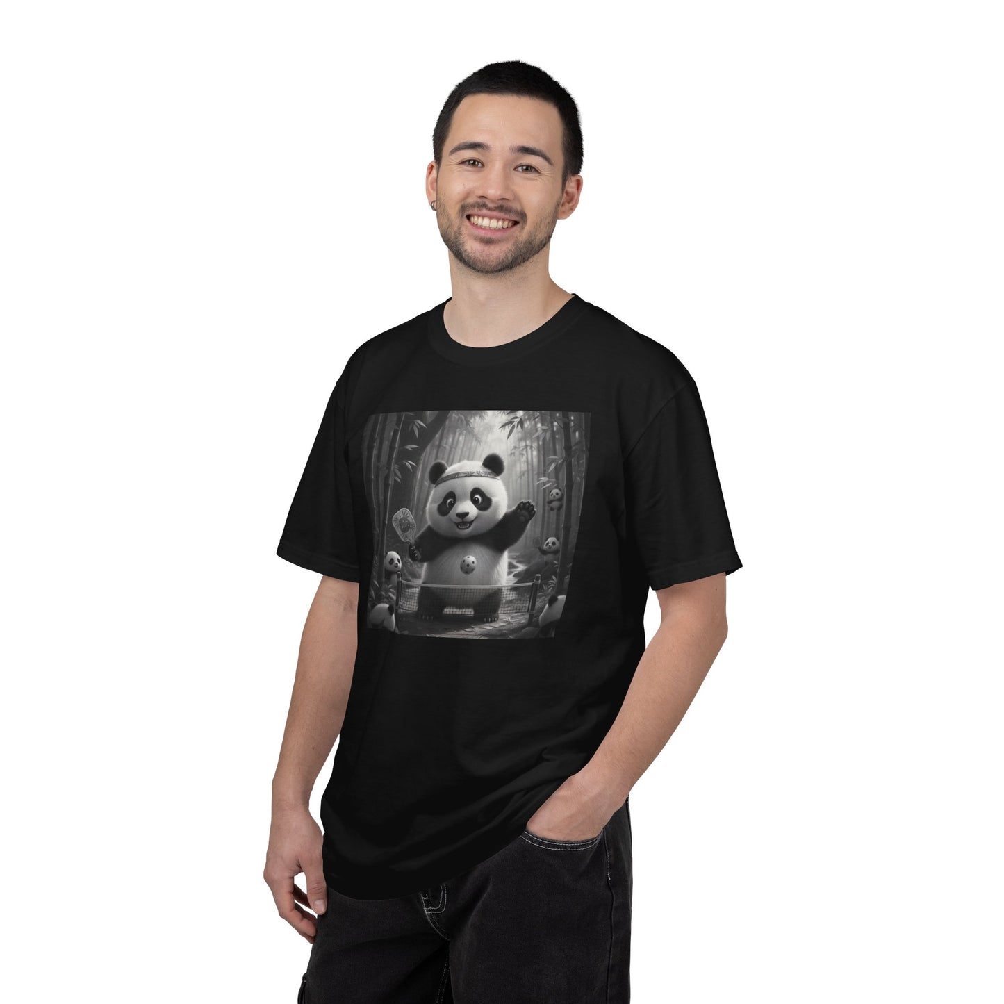 Panda Pickleball Bamboo Forest T-Shirt | Monochrome Kawaii Sports Decor