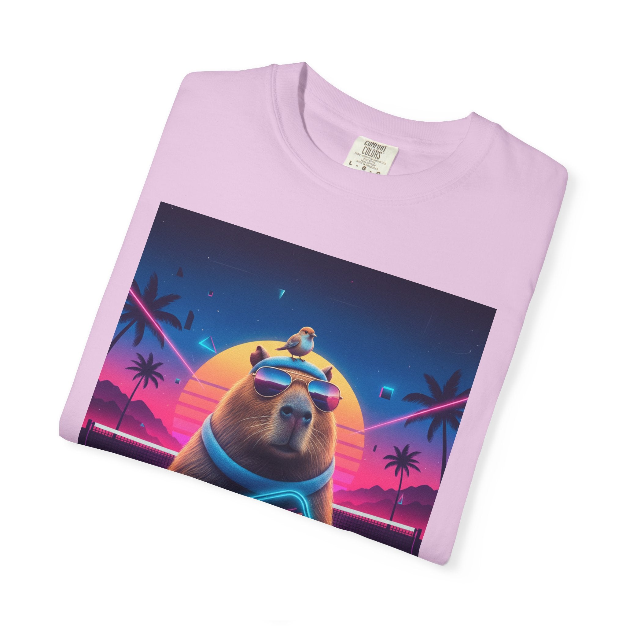 Retro Vaporwave Capybara with Sunglasses T-shirt | Neon Sunset Palm Trees