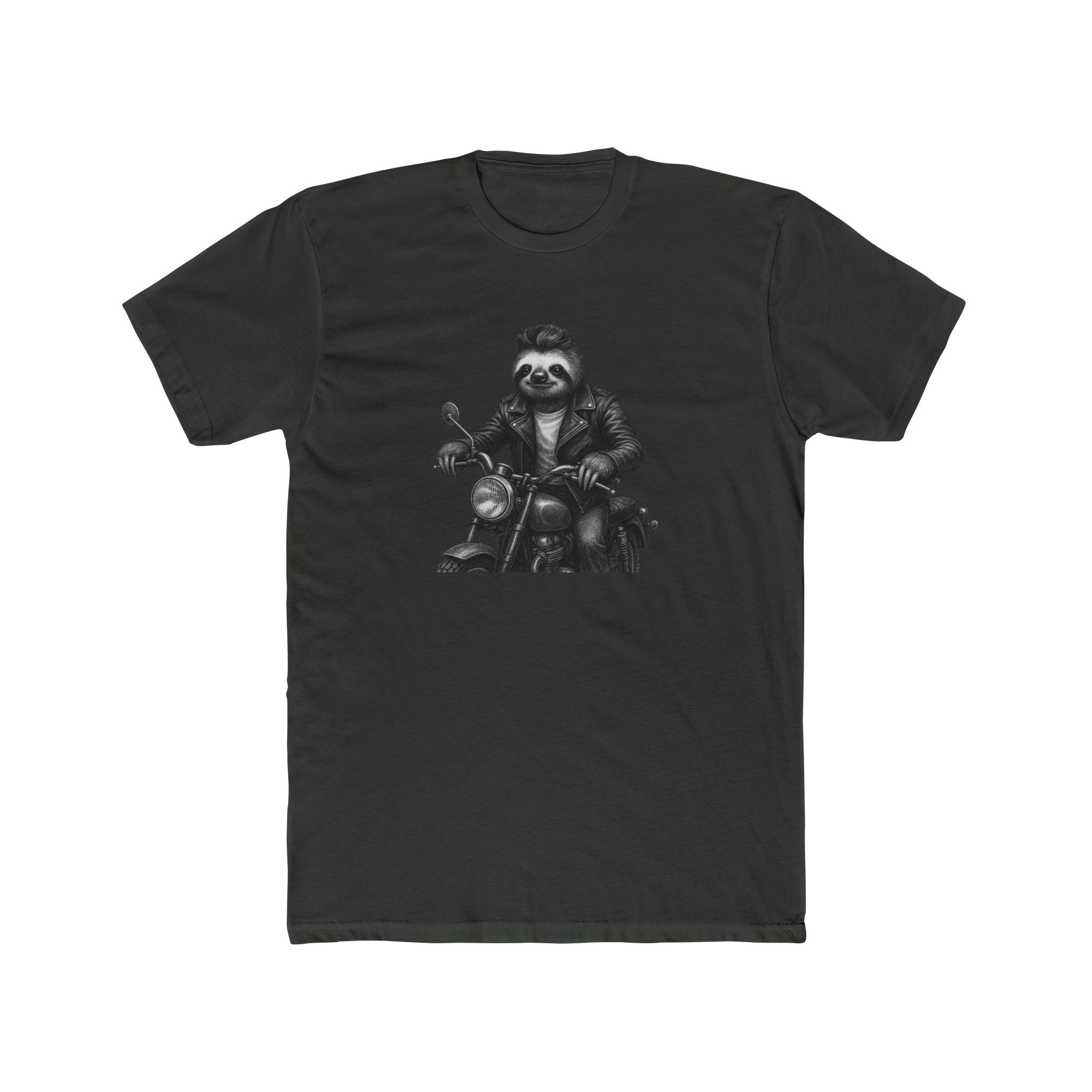 Biker Sloth Riding Motorcycle T-Shirt | Retro Monochrome Illustration