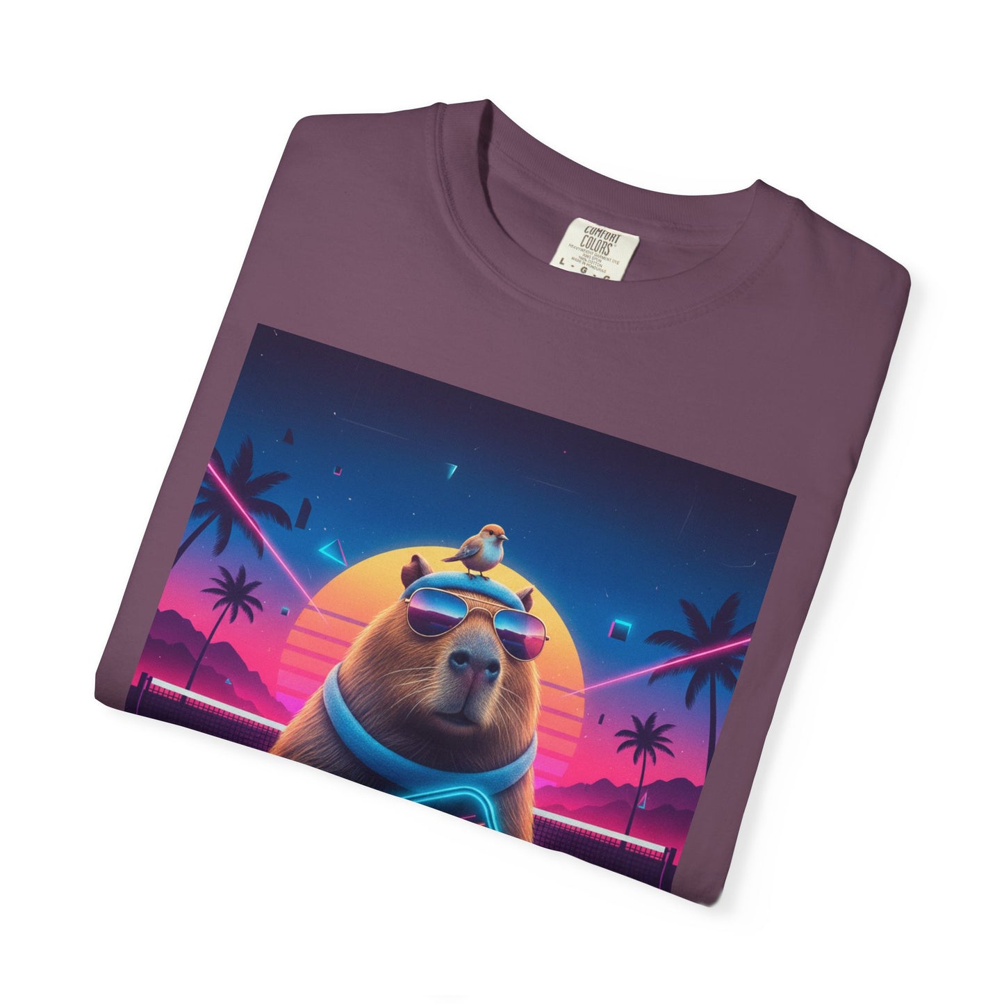Retro Vaporwave Capybara with Sunglasses T-shirt | Neon Sunset Palm Trees