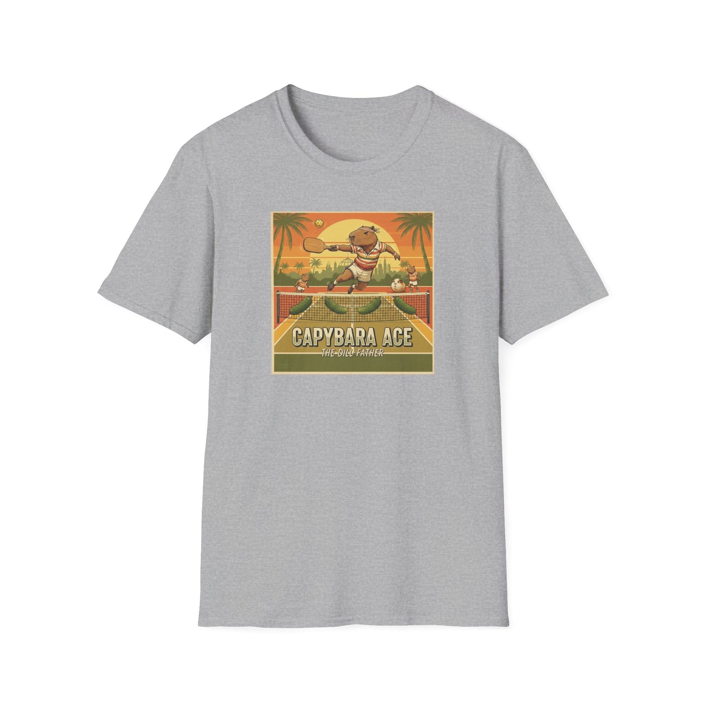 Capybara Ace Pickleball Player T-Shirt | Retro Tropical Court Design
