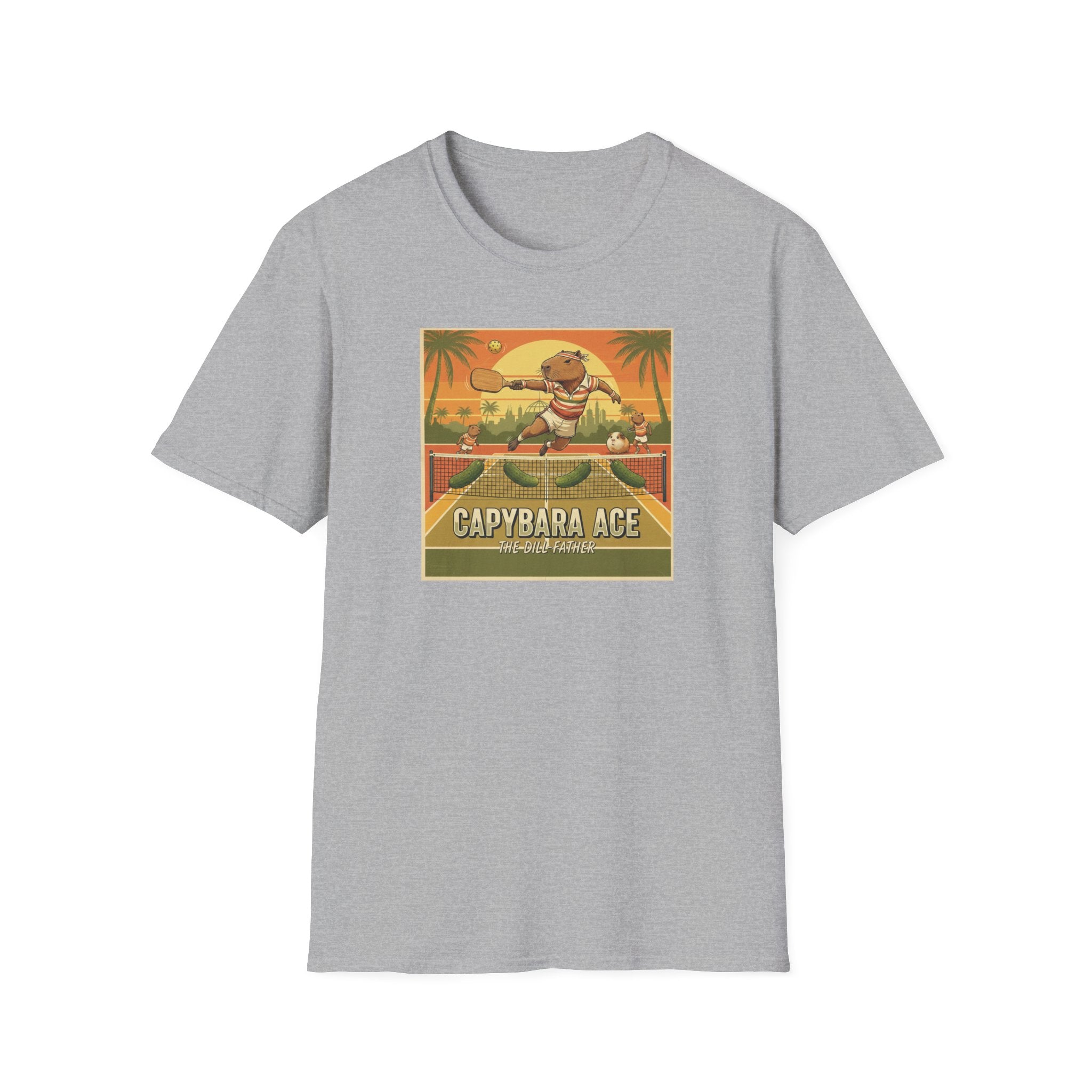 Capybara Ace Pickleball Player T-Shirt | Retro Tropical Court Design