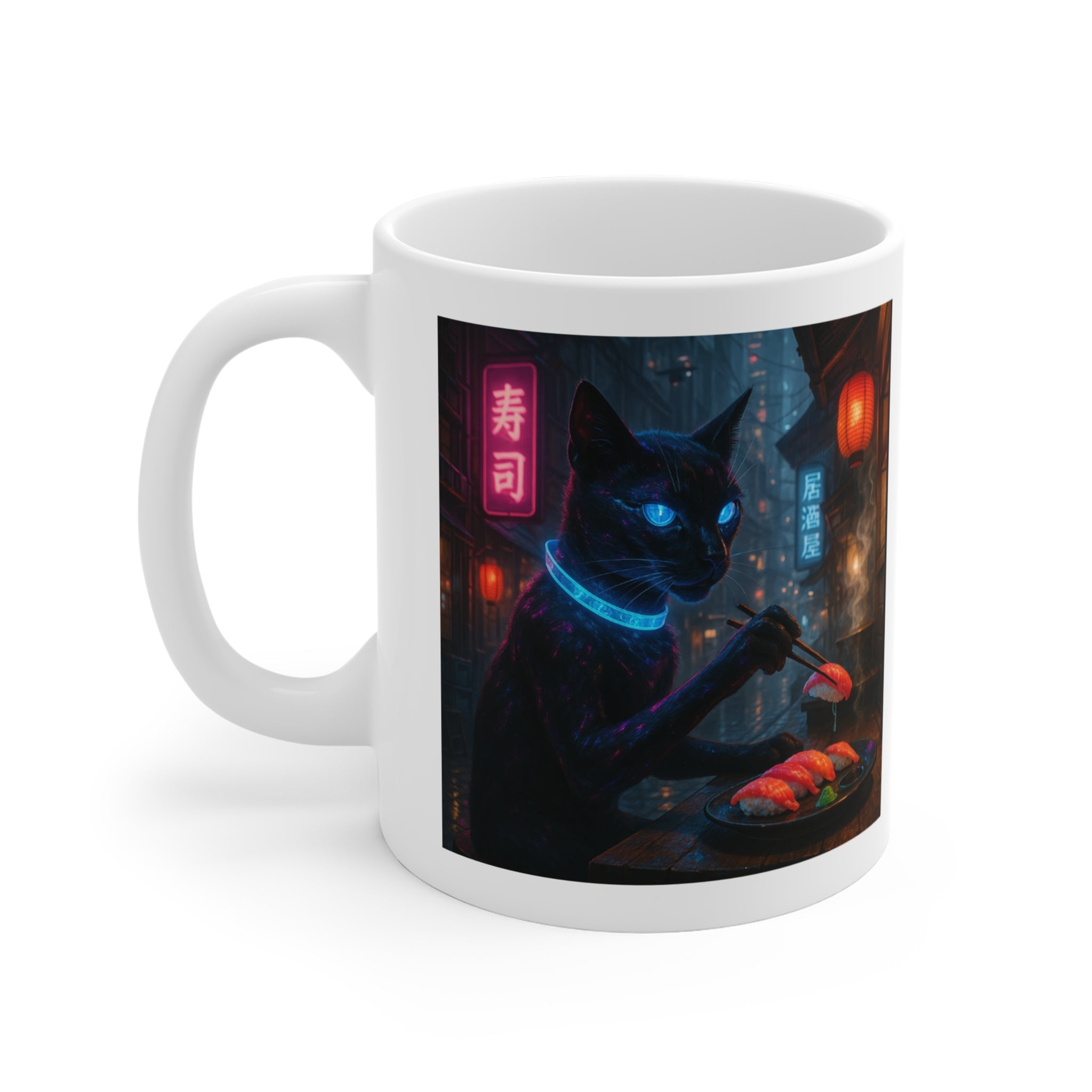 Neon Sushi Cat Mug | Cyberpunk Nightmarket Artwork
