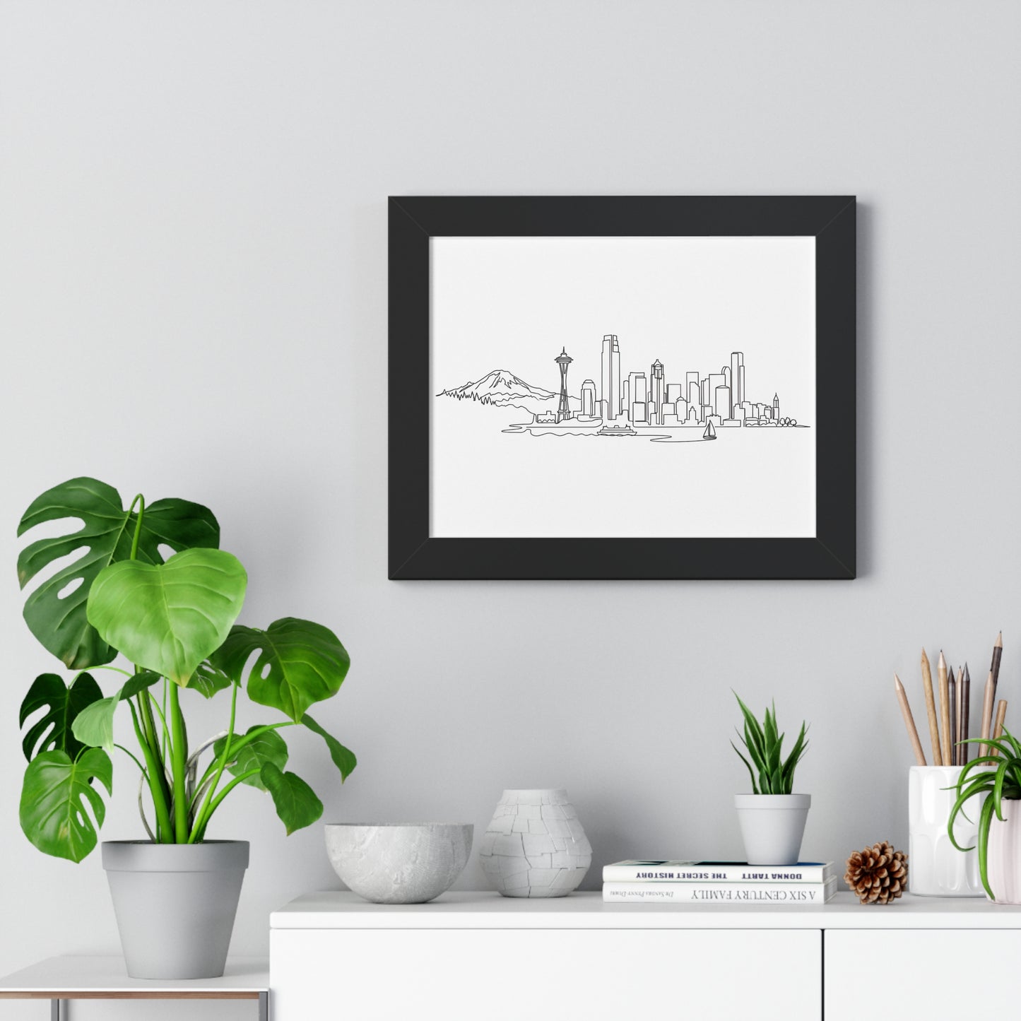 Seattle Emerald City Hand-Drawn Skyline Poster Framed Horizontal