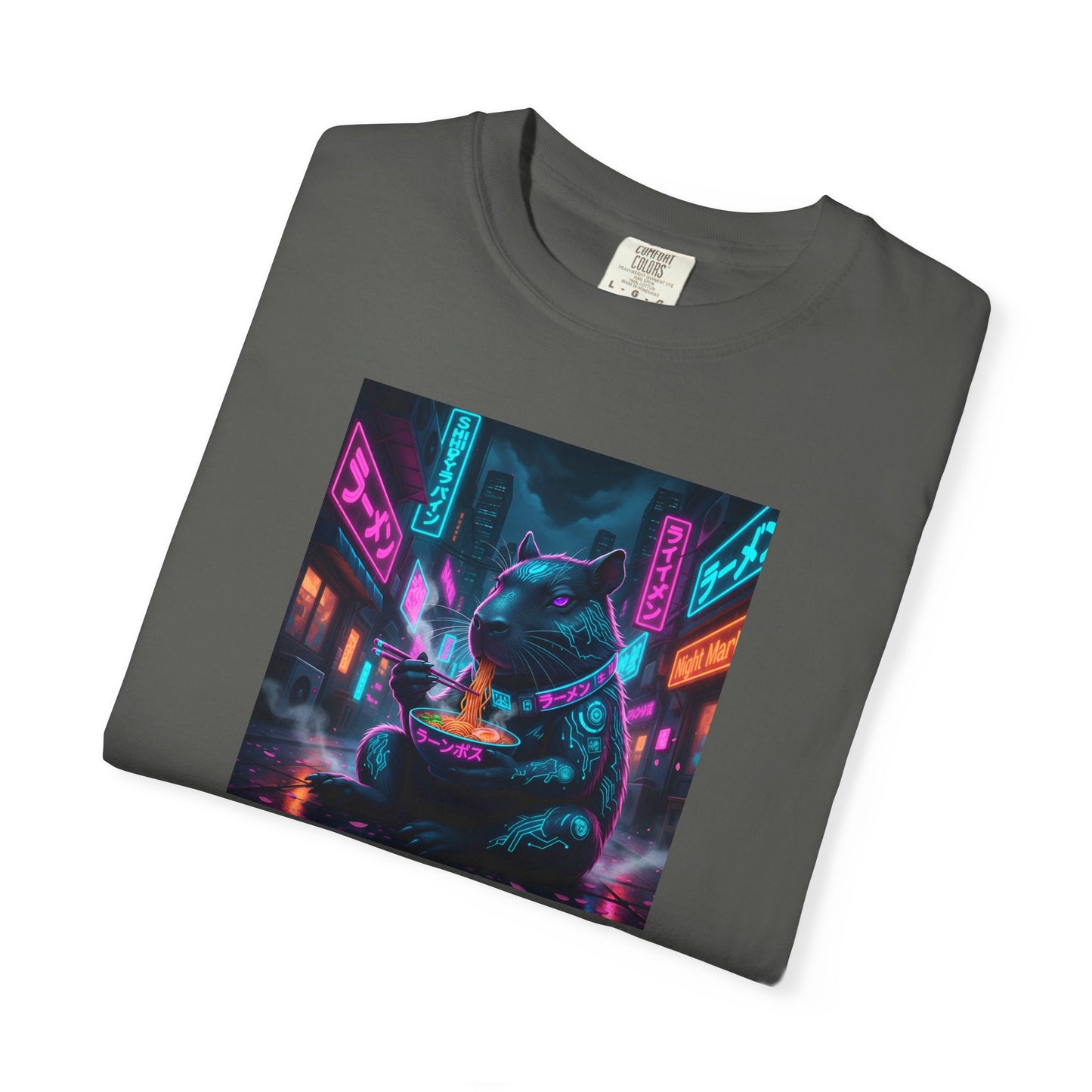 Neon Cyberpunk Capybara Cityscape T-Shirt | Futuristic Night Street Art