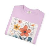 Hand-drawn Watercolor Floral Doodles T-shirt | Linocut & Embroidery Texture