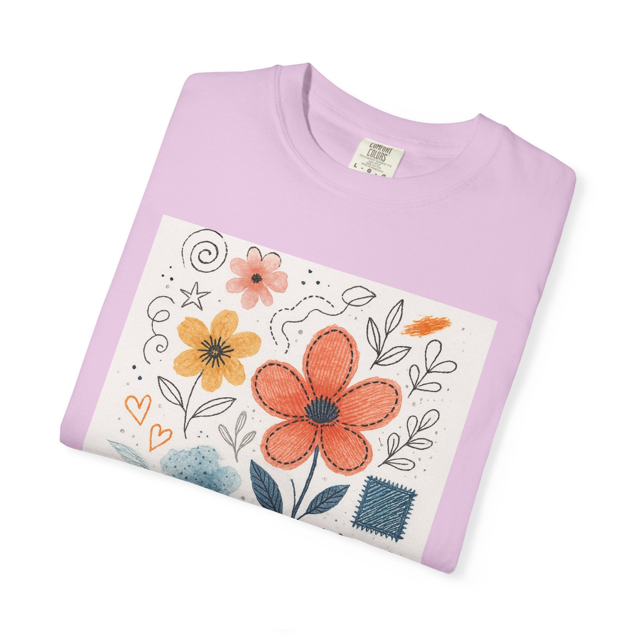 Hand-drawn Watercolor Floral Doodles T-shirt | Linocut & Embroidery Texture