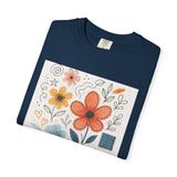 Hand-drawn Watercolor Floral Doodles T-shirt | Linocut & Embroidery Texture