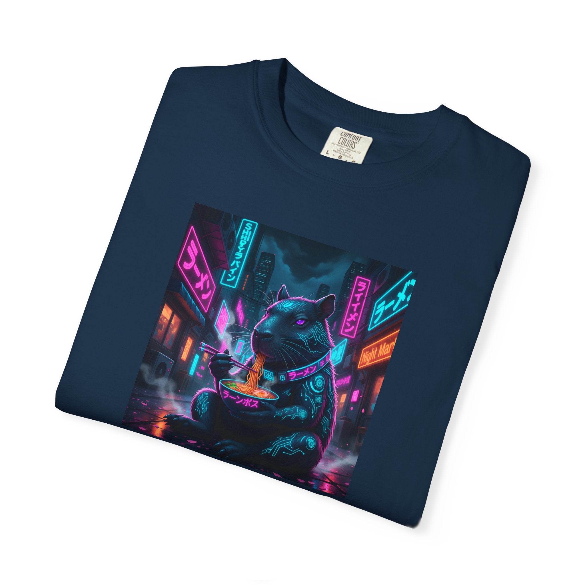 Neon Cyberpunk Capybara Cityscape T-Shirt | Futuristic Night Street Art