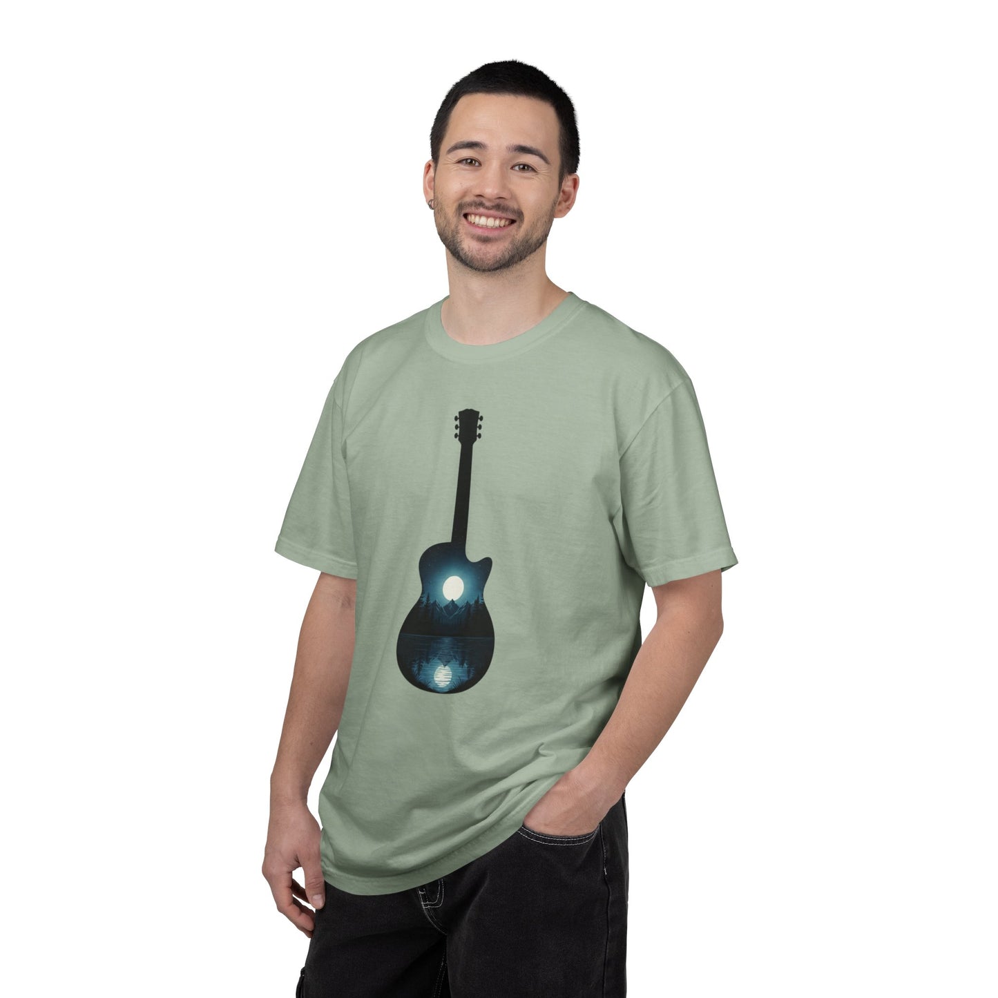 Moonlit Acoustic Guitar T-Shirt | Night Sky Guitar Silhouette