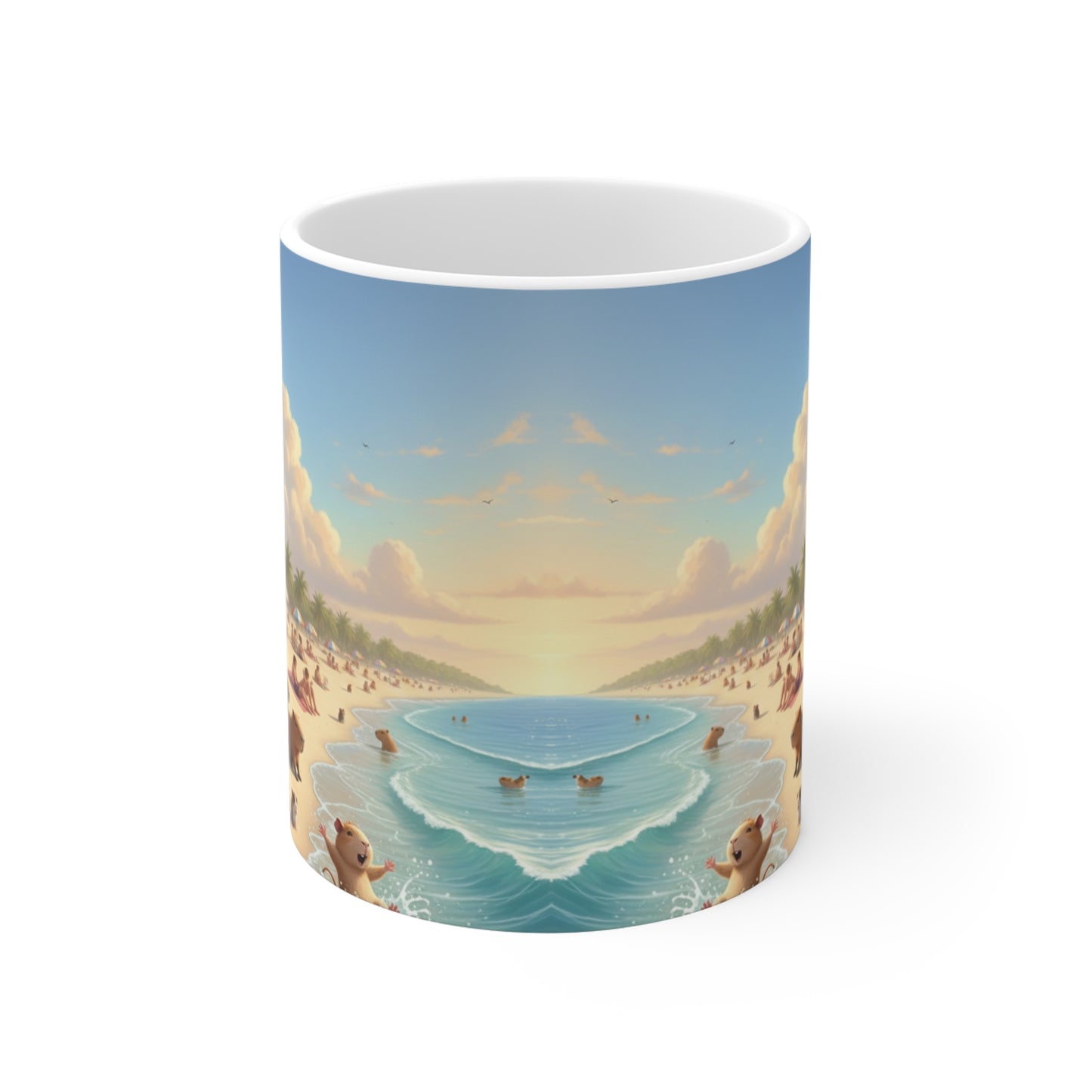 Beach Lifeguard Capybara Mug | Cute Animal Beach Scene, Ocean Sunrise