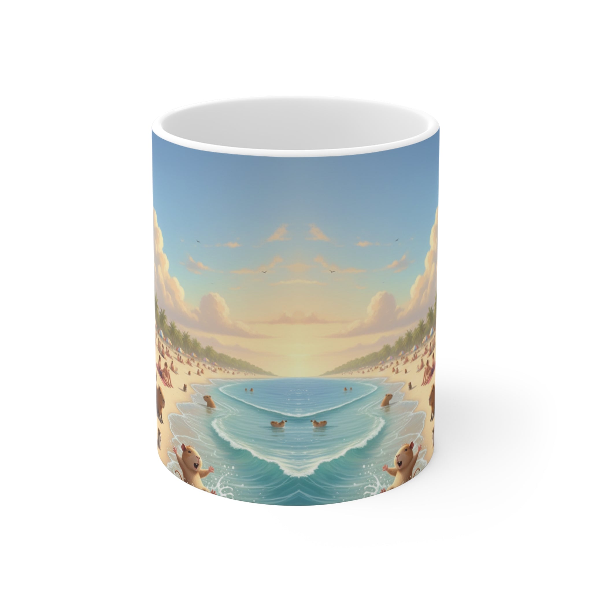 Beach Lifeguard Capybara Mug | Cute Animal Beach Scene, Ocean Sunrise