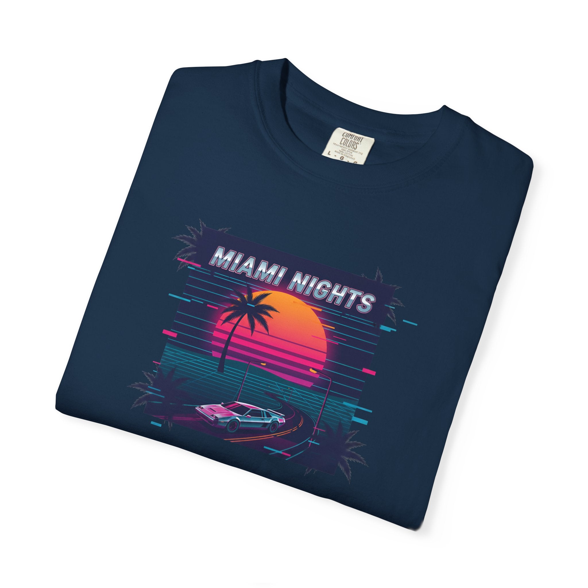 Miami Nights Sunset Palm T-shirt | Retro Vaporwave Beach Scene