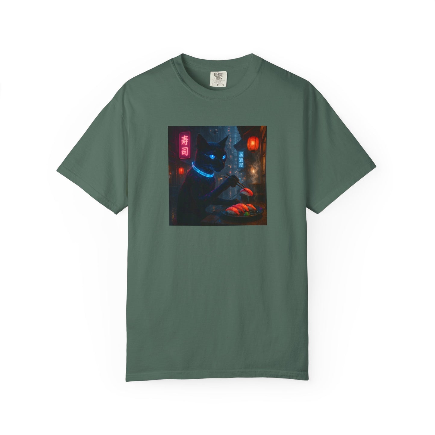 Neon Cyber Cat Sushi Shibuya T-shirt | Dark Alley Japanese Streetwear