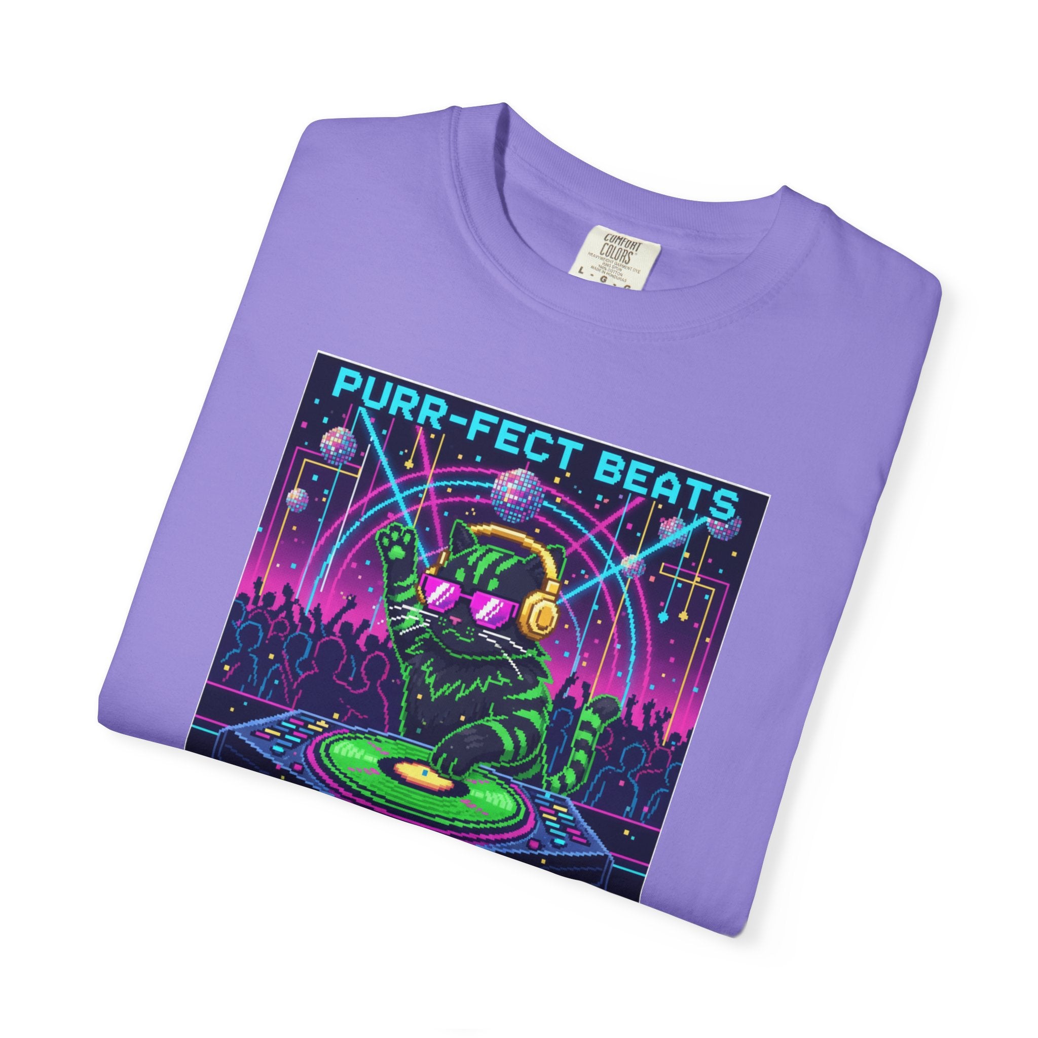 Purr-fect Beats Rave Feline DJ cat T-shirt | Neon EDM club design