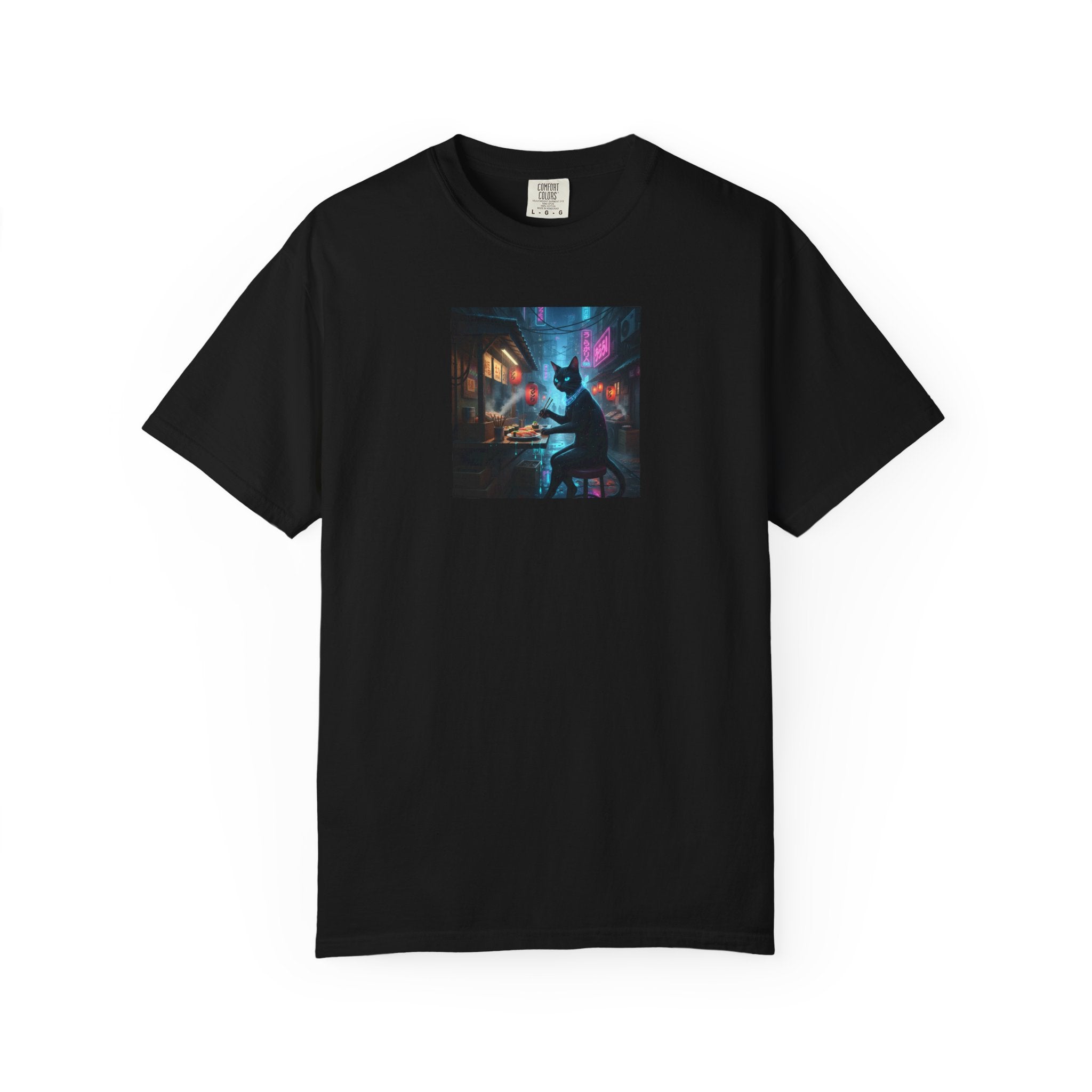 Cyberpunk Cat Sushi T-shirt | Neon Japan Noir