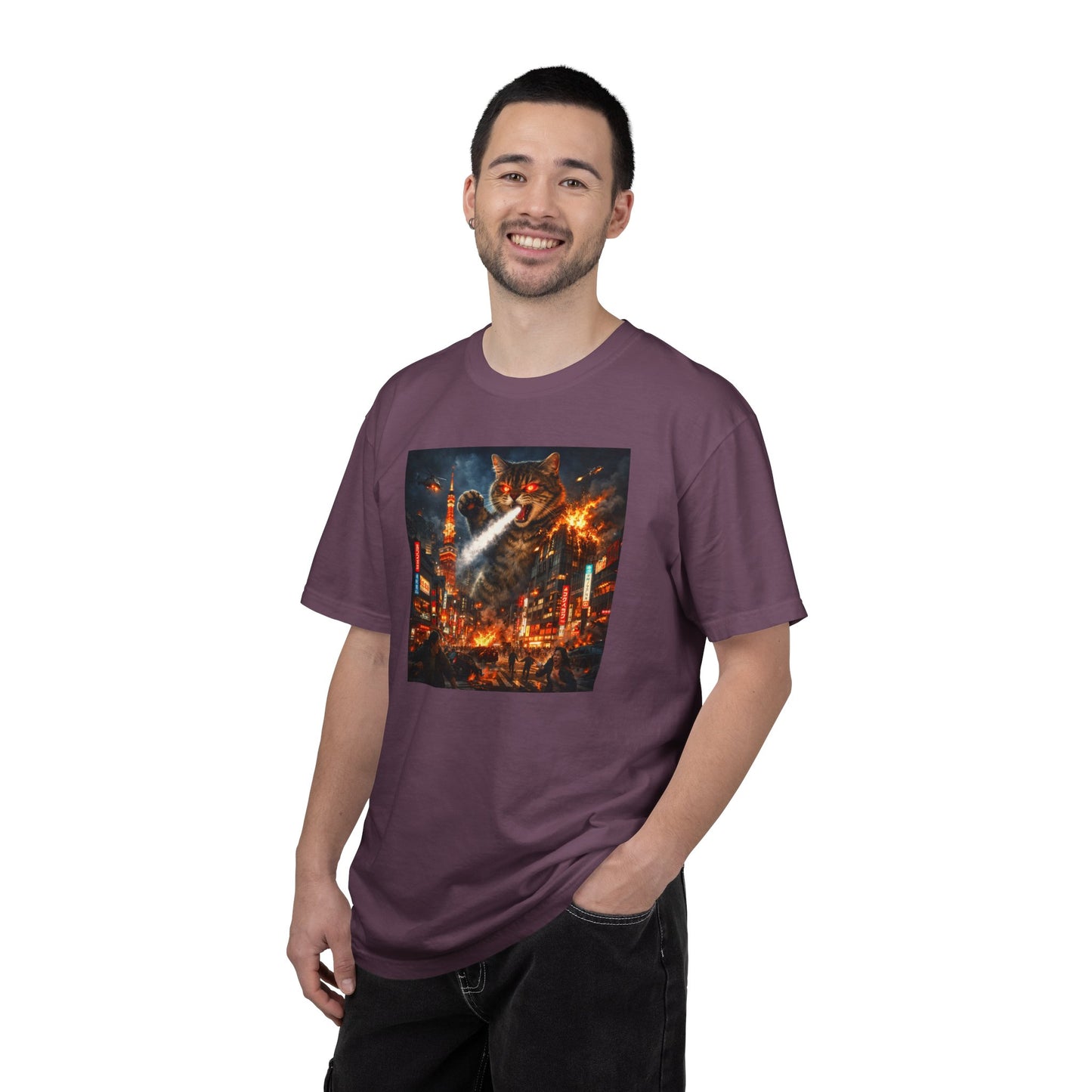 Giant Catzilla Kaiju Rampage T-Shirt | Neon City Monster Battle