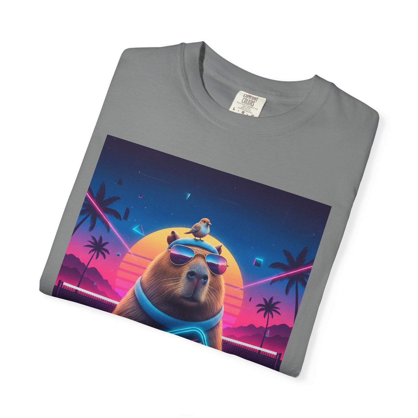 Retro Vaporwave Capybara with Sunglasses T-shirt | Neon Sunset Palm Trees