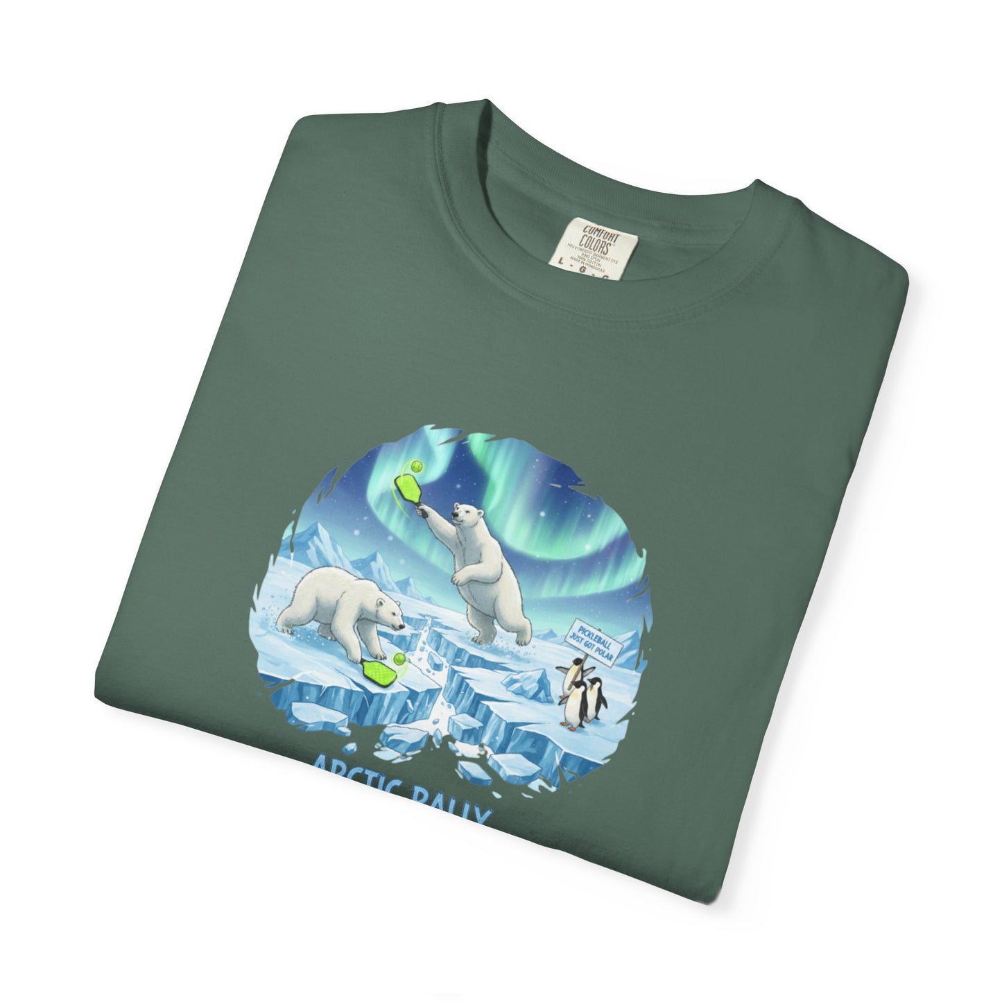 Arctic Rally Polar Bears Playing Pickleball T-Shirt | Northern Lights Illustration