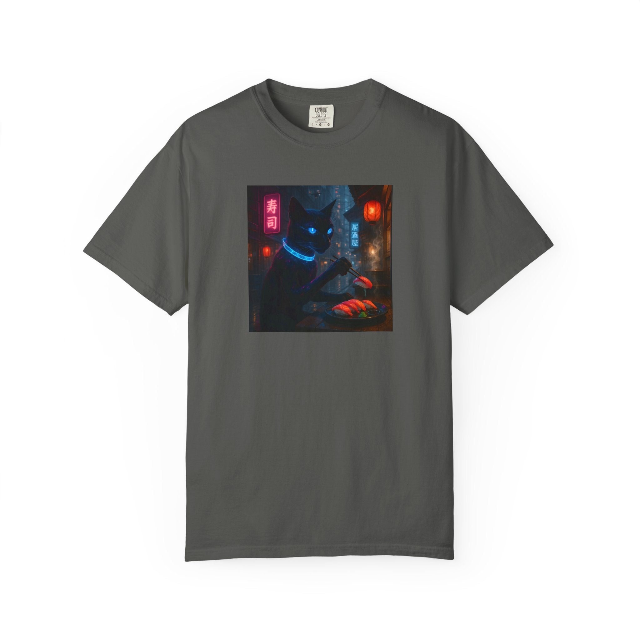 Neon Cyber Cat Sushi Shibuya T-shirt | Dark Alley Japanese Streetwear