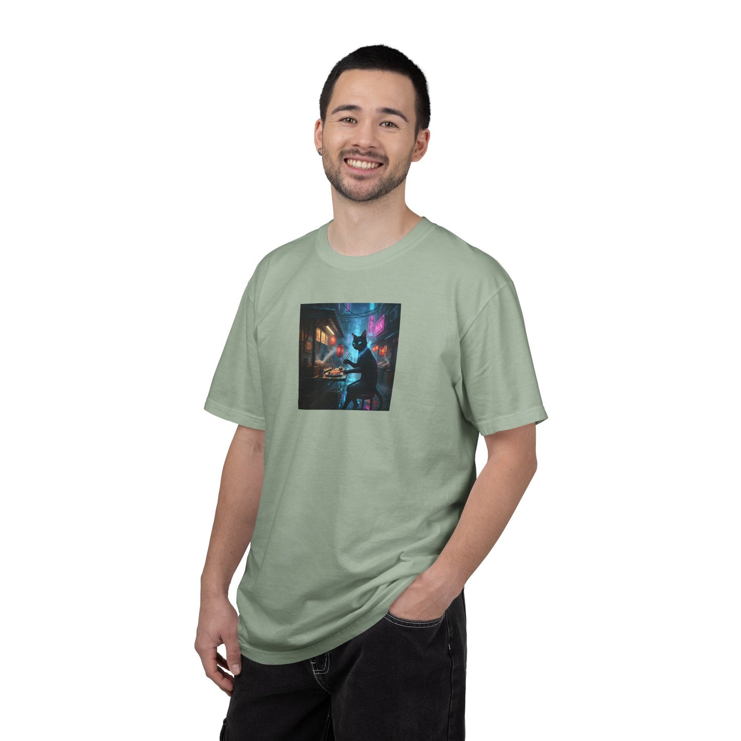 Cyberpunk Cat Sushi T-shirt | Neon Japan Noir