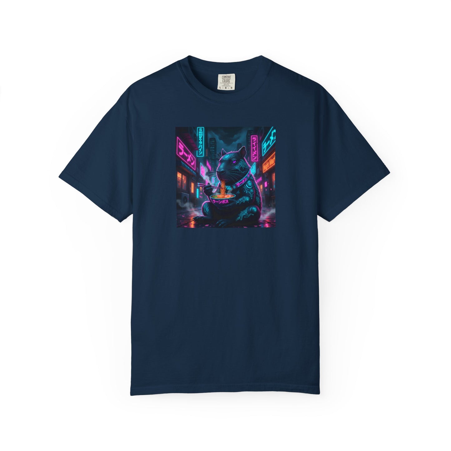 Neon Cyberpunk Capybara Cityscape T-Shirt | Futuristic Night Street Art