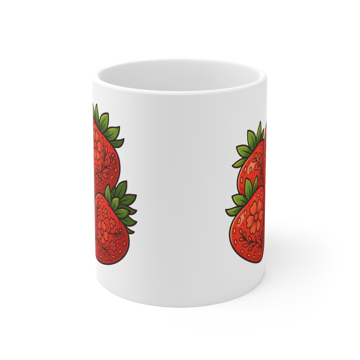 Floral Strawberries Mug | Hand-Drawn Fruit Illustration, Kitchen Ceramic Coffee Cup