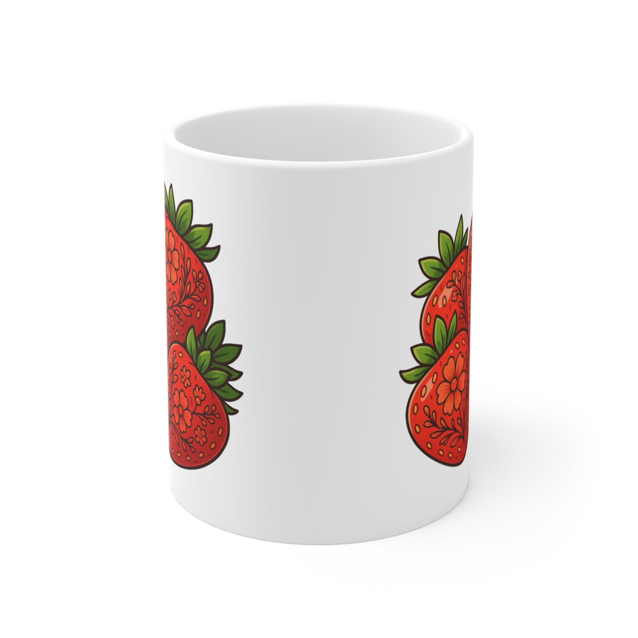 Floral Strawberries Mug | Hand-Drawn Fruit Illustration, Kitchen Ceramic Coffee Cup