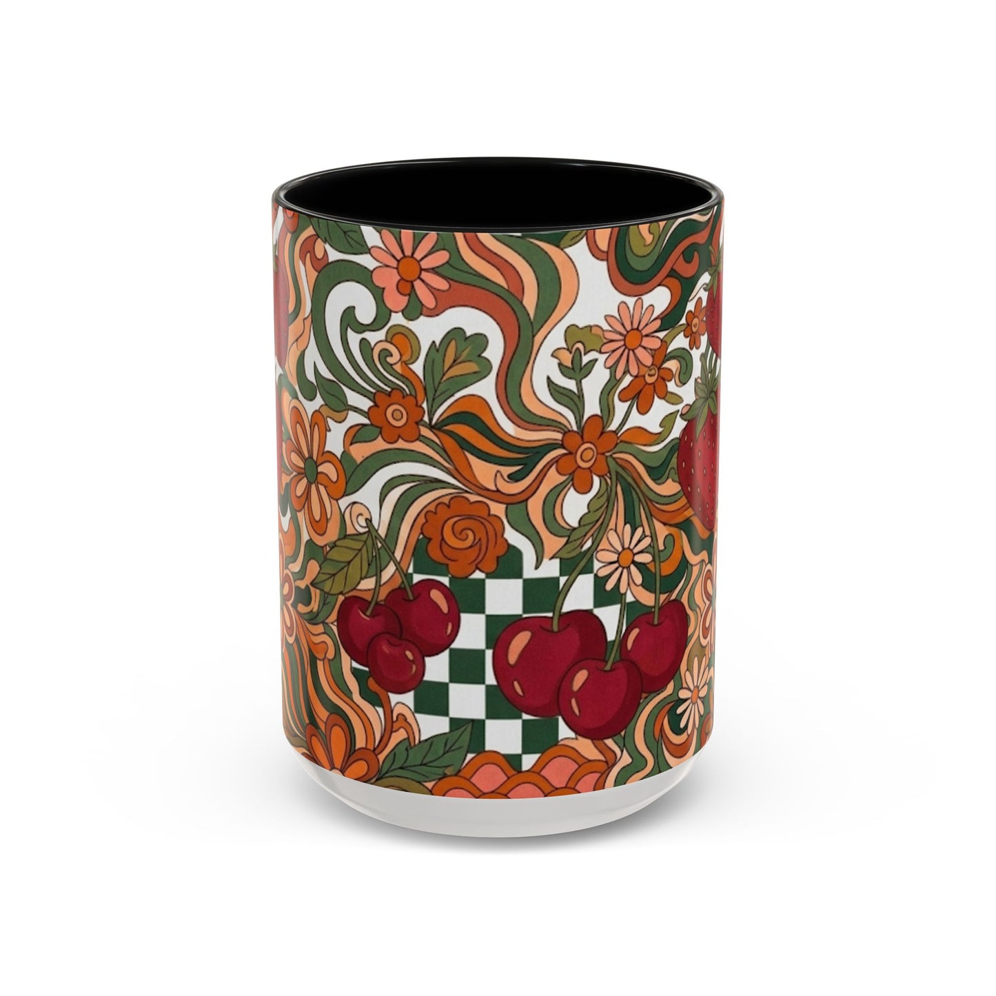 Vintage Cherry Strawberry Pattern Accent Mug | 11oz 15oz
